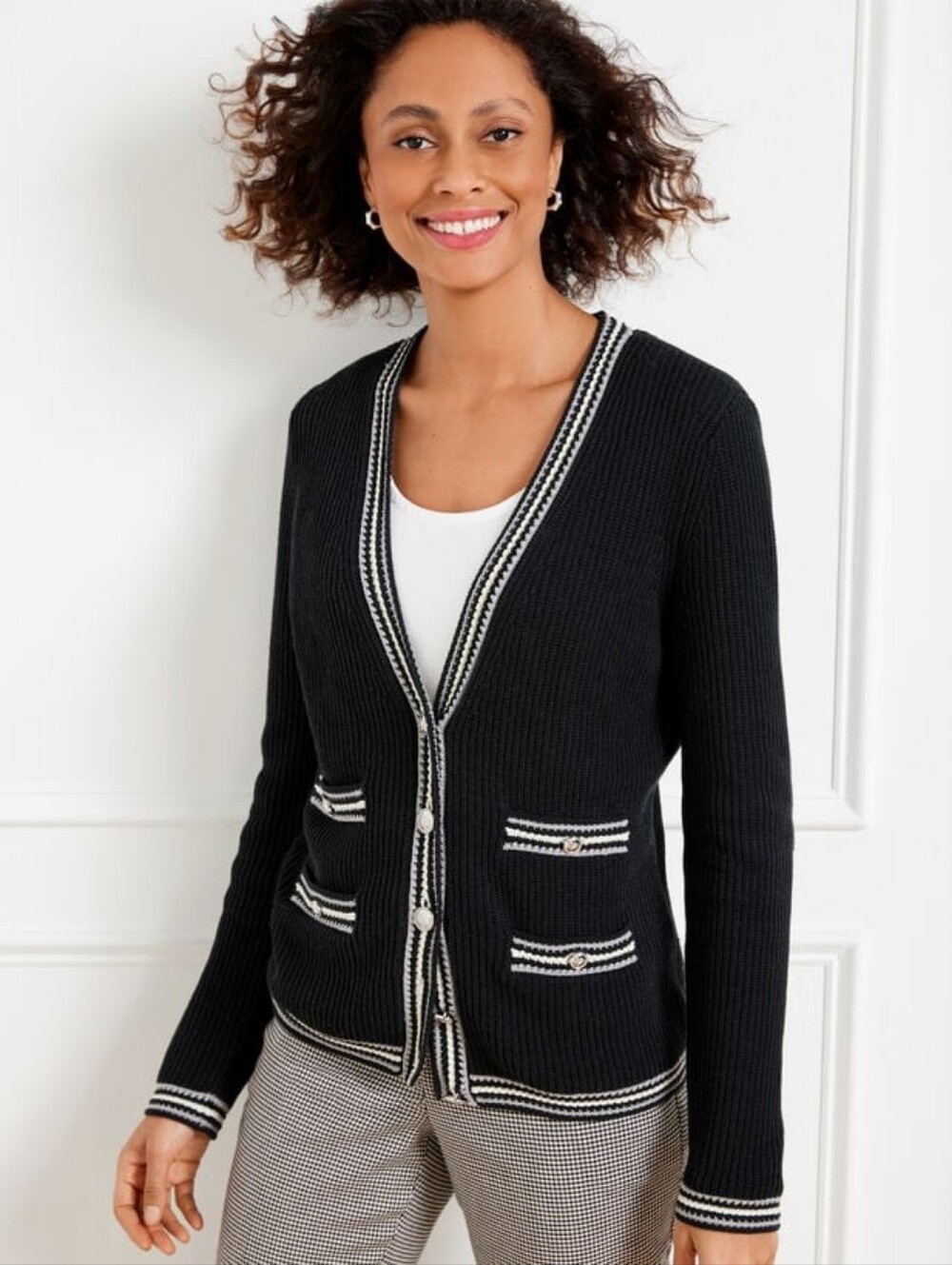 Talbot's Women's Texture V-Neck Cardigan Tipped Stripe Size M Old Money Preppy